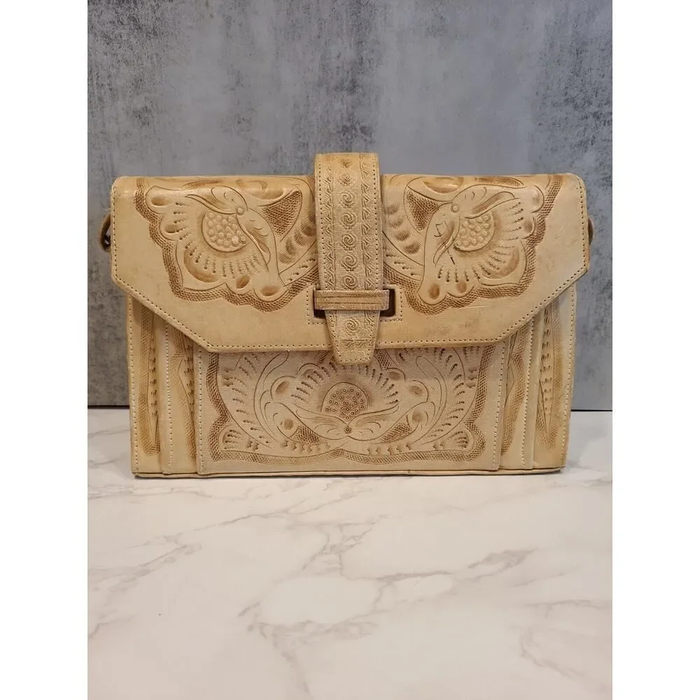Vintage Hand Tooled Genuine Leather El Venado Purse 70s Mex Floral Mayan Craft - Picture 9 of 16